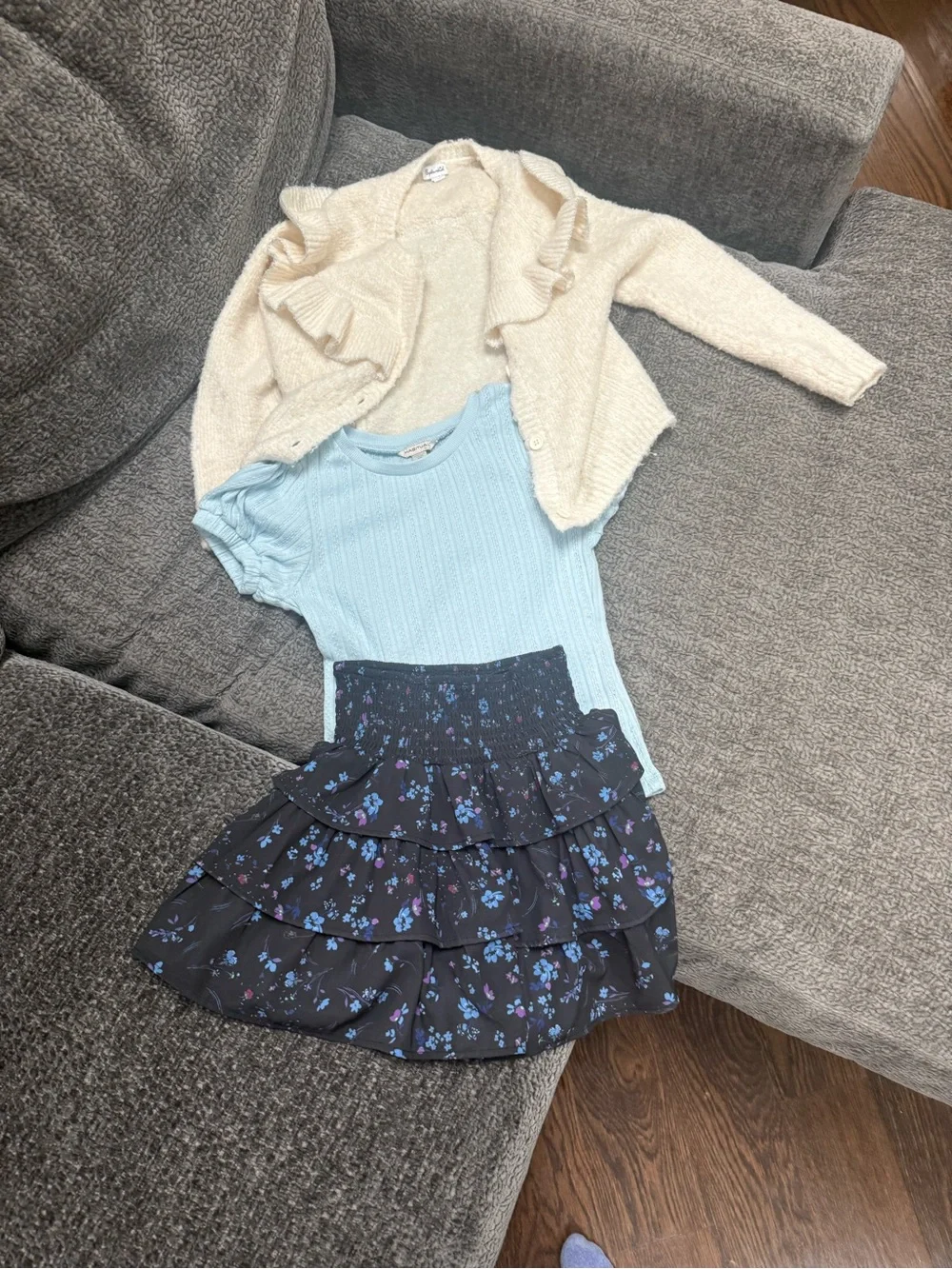 Girls 3-Piece Outfit Bundle – Floral Skirt, Blue Top & Ruffle Cardigan